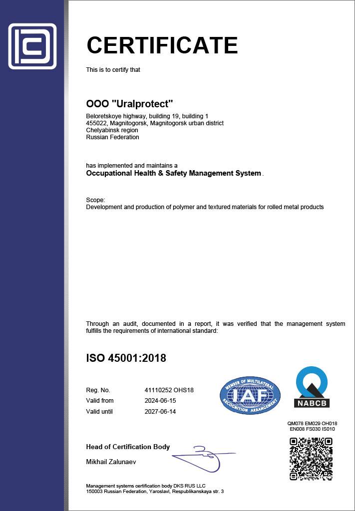 Occupational Health & Safety Management System Sertificate in accord with ISO 45001:2018